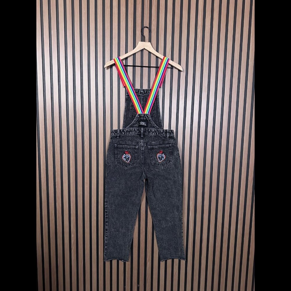 Laser Kitten x Forever 21 Overalls XS Girls Gray Charcoal Wash Rainbow Suspender - Picture 2 of 10